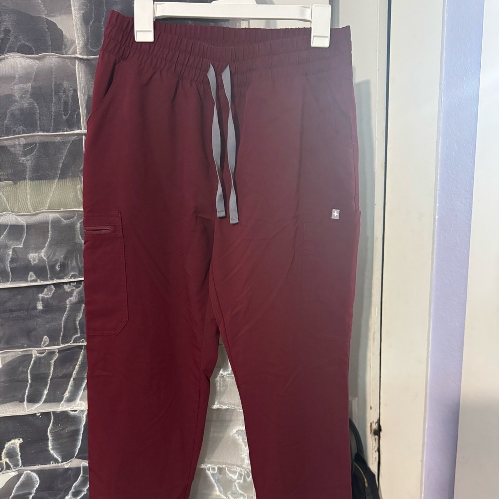Figs Women's Maroon Scrubs with Light Gray Accents